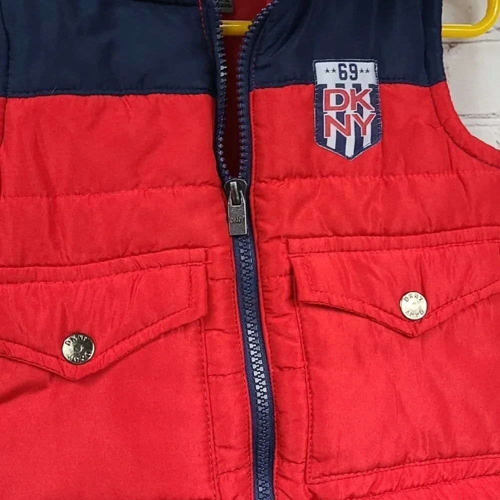 DKNY Red & Blue Winter Vest Hoodie Puffer Jacket Boys 12M Sleeveless Coat Baby